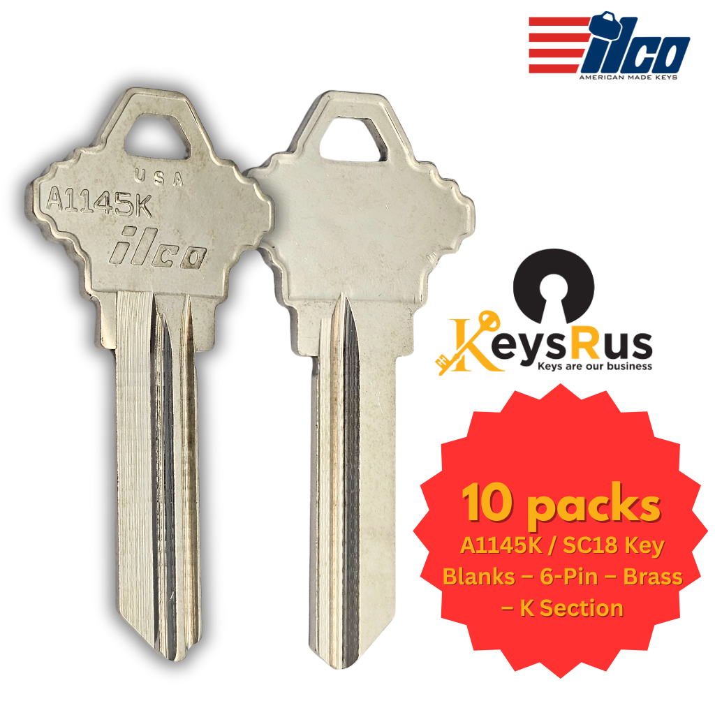 A1145K / SC18 Key Blank – 6-Pin Schlage K Keyway – BR – 10-Pack – ILCO