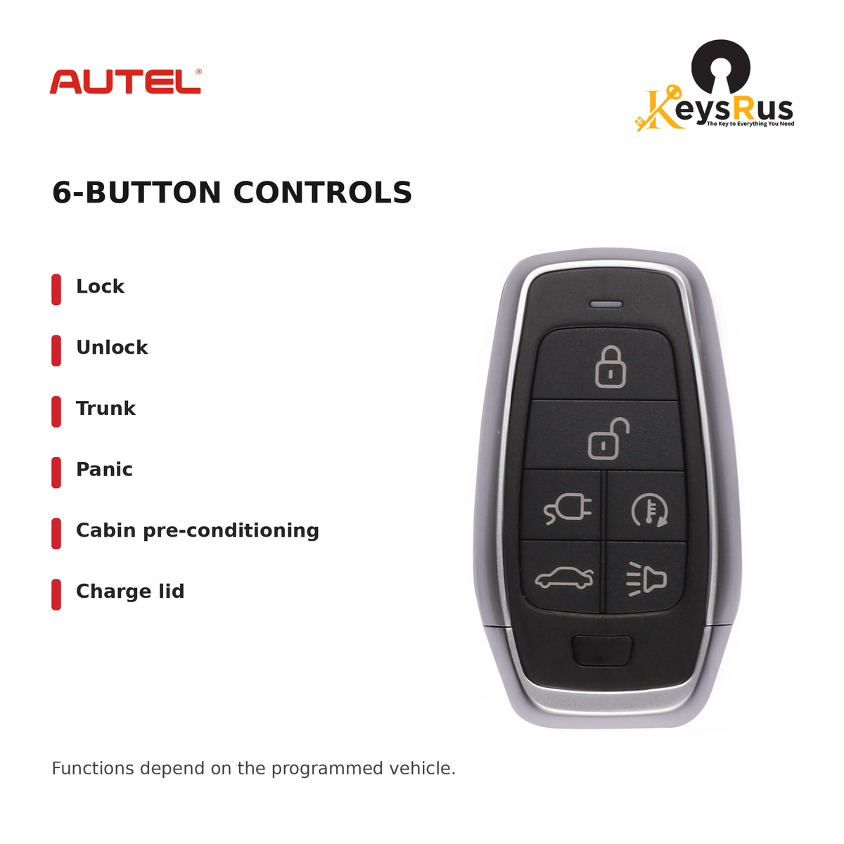 Autel AT006FL Standard 6-Button Universal Smart Key — 6-button controls: Lock, Unlock, Trunk, Panic, Cabin pre-conditioning, Charge lid