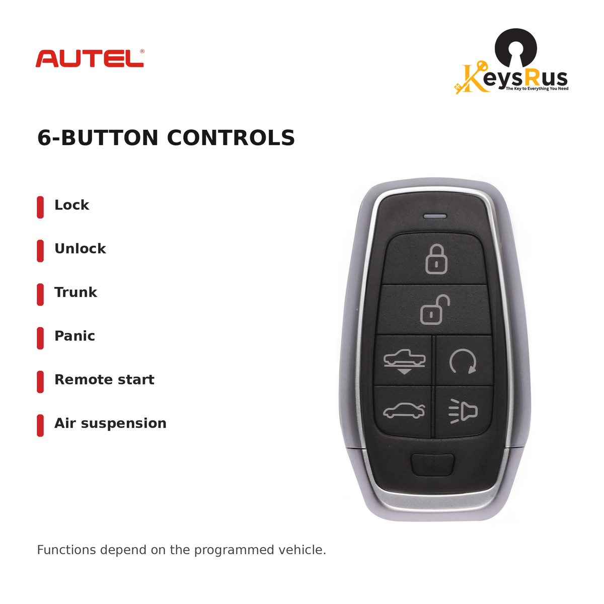 Autel IKEYAT6TPRA Standard 6-Button Universal Smart Key — 6-button controls: Lock, Unlock, Trunk, Panic, Remote start, Air suspension