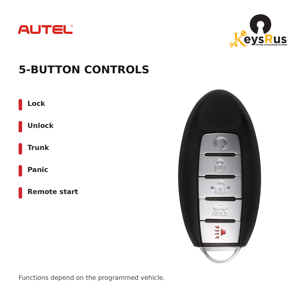 Autel NS005AL Nissan Style 5-Button Universal Smart Key — 5-button controls: Lock, Unlock, Trunk, Panic, Remote start