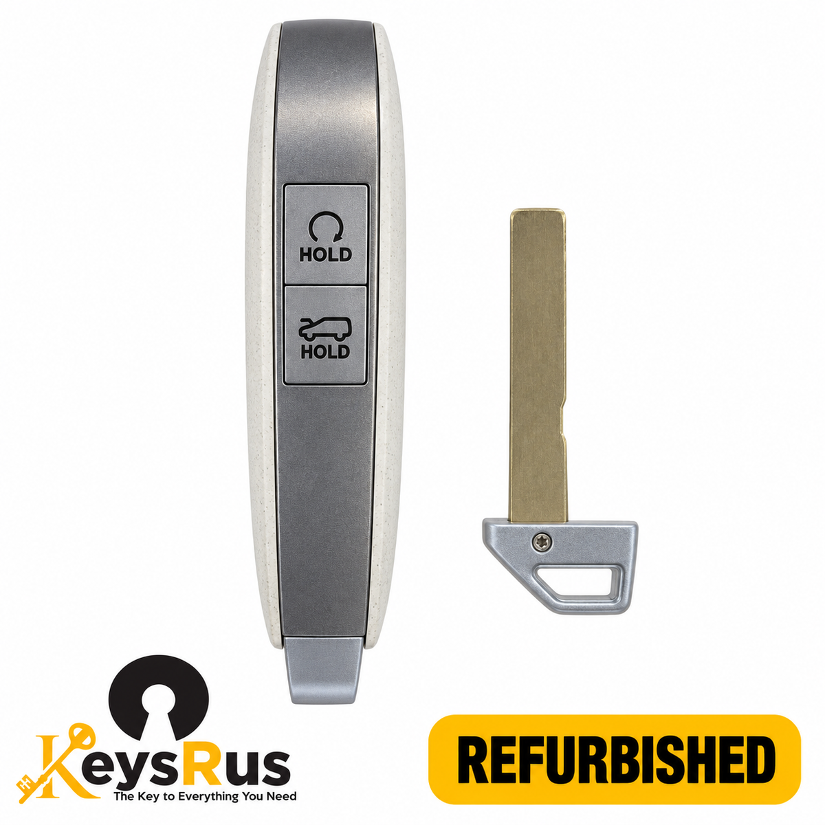 Kia EV9 95440-DO010 Refab smart key showing remote-start and front-hood frunk-release buttons with uncut emergency blade