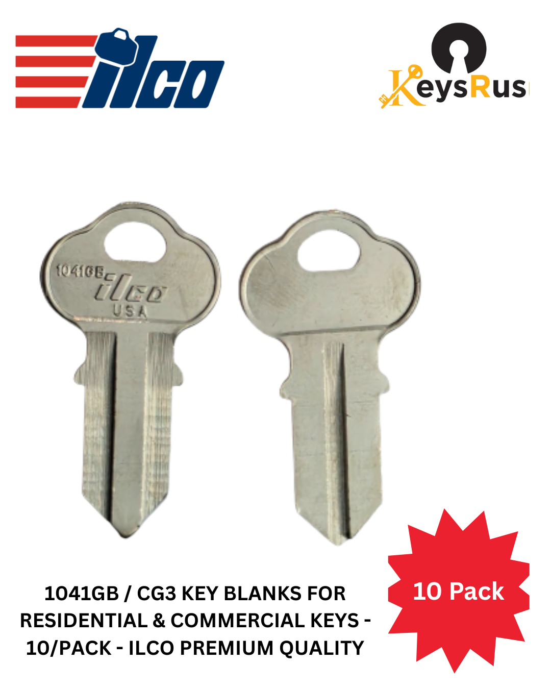 1041GB / CG3 Key Blanks for Residential & Commercial Keys - 10/Pack - ILCO Premium Quality