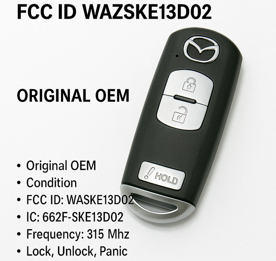 2012, 2020 Mazda 3-Button Smart Key Remote, FCC ID: WAZSKE13D02 / OEM Part Number KDY3-67-5DY, 315 MHz