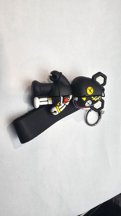 Black Cyber Bear Keychain with Strap | 3D Rubber Key Ring Accessory | Streetwear-Inspired Character Design