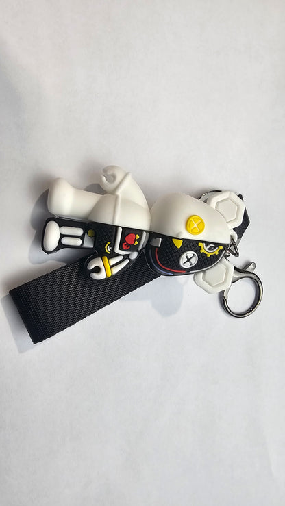 Black Cyber Bear Keychain with Strap | 3D Rubber Key Ring Accessory | Streetwear-Inspired Character Design