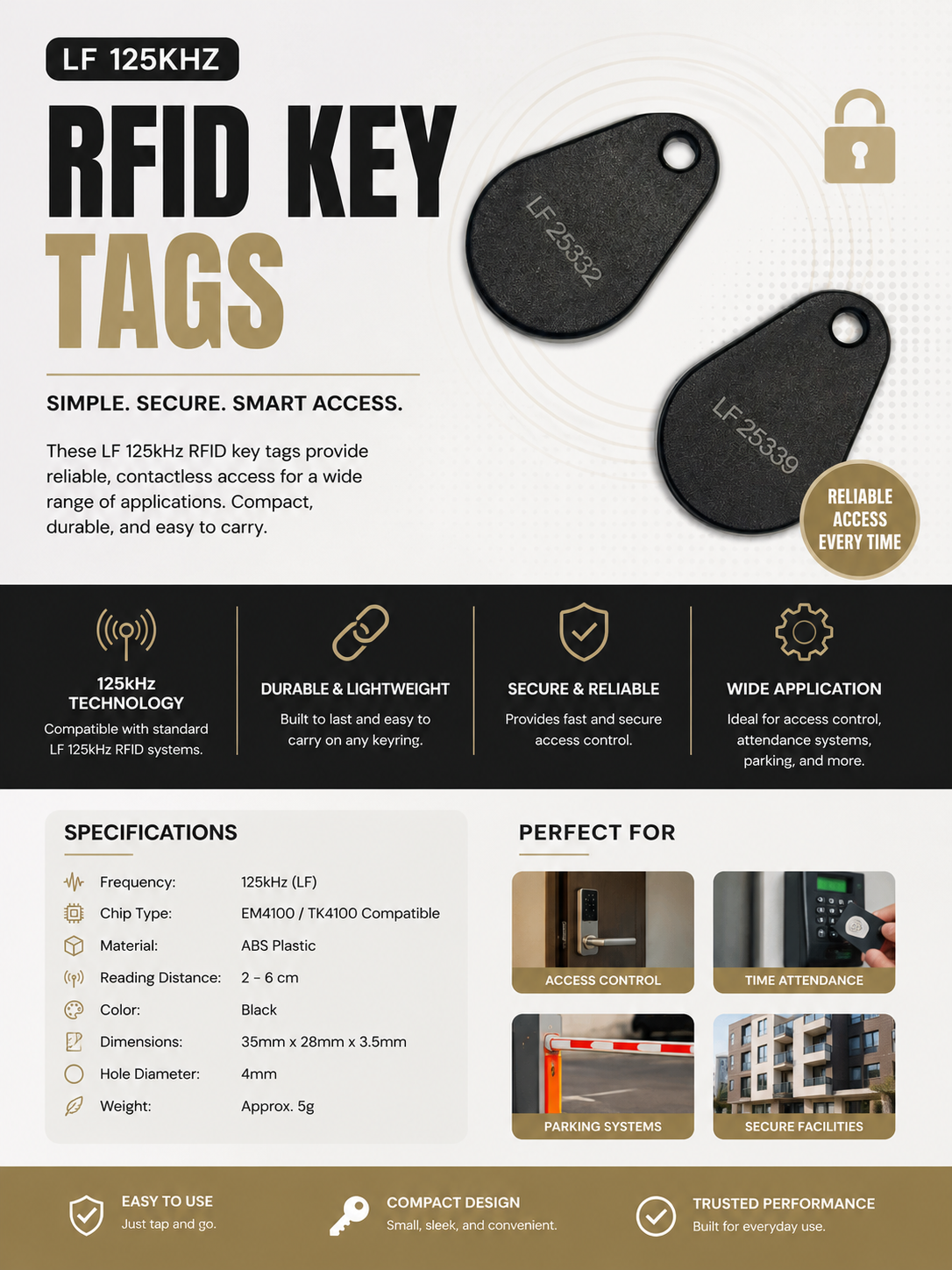 LF RFID Key Fobs 125kHz – 50, 100 and 500 Pack Access Control Tags