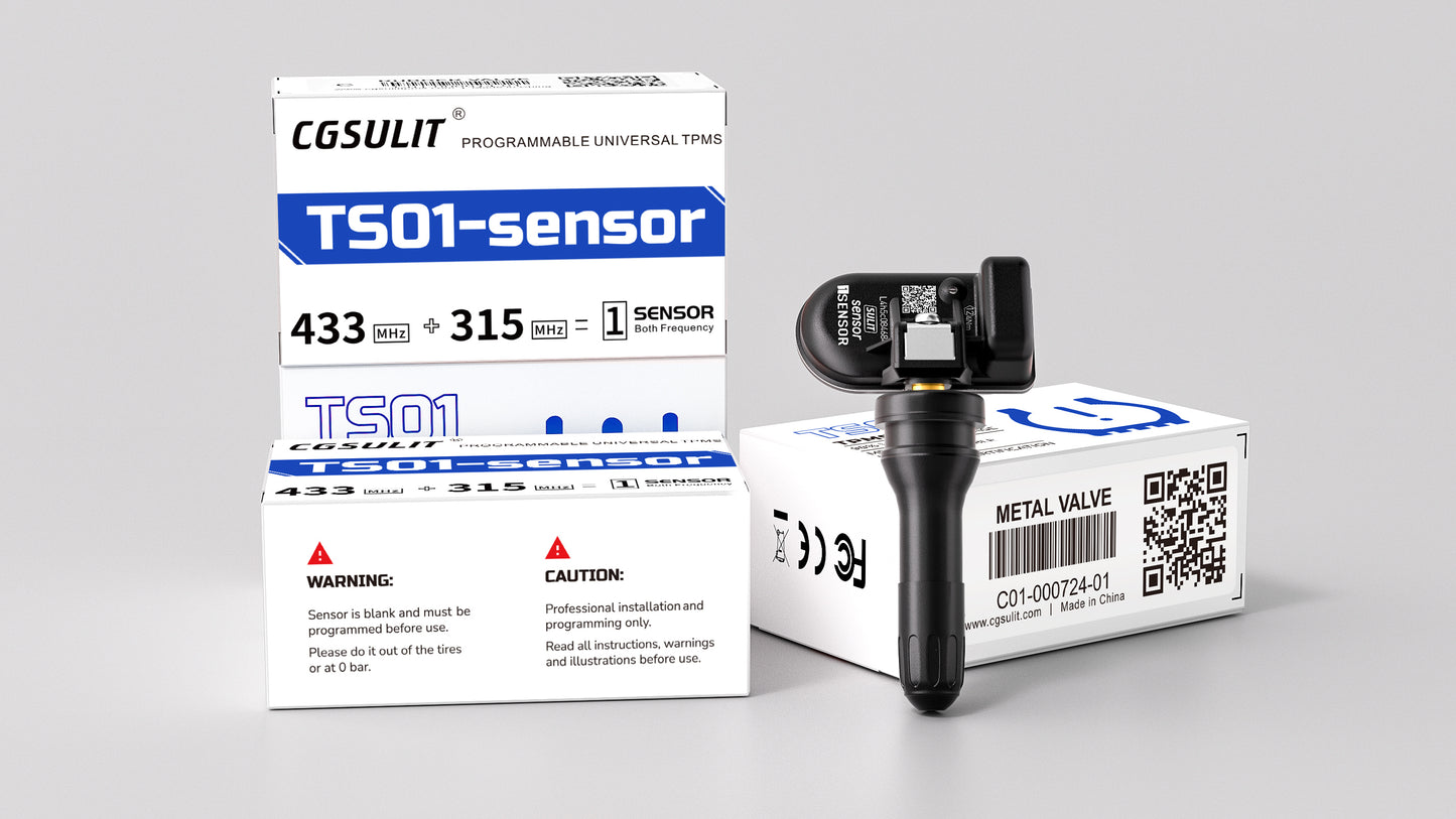 CGSULIT TS01 – Universal Programmable TPMS Sensor – 315/433 MHz – Cloneable – Metal Silver & Rubber Valve – 98% Vehicle Coverage