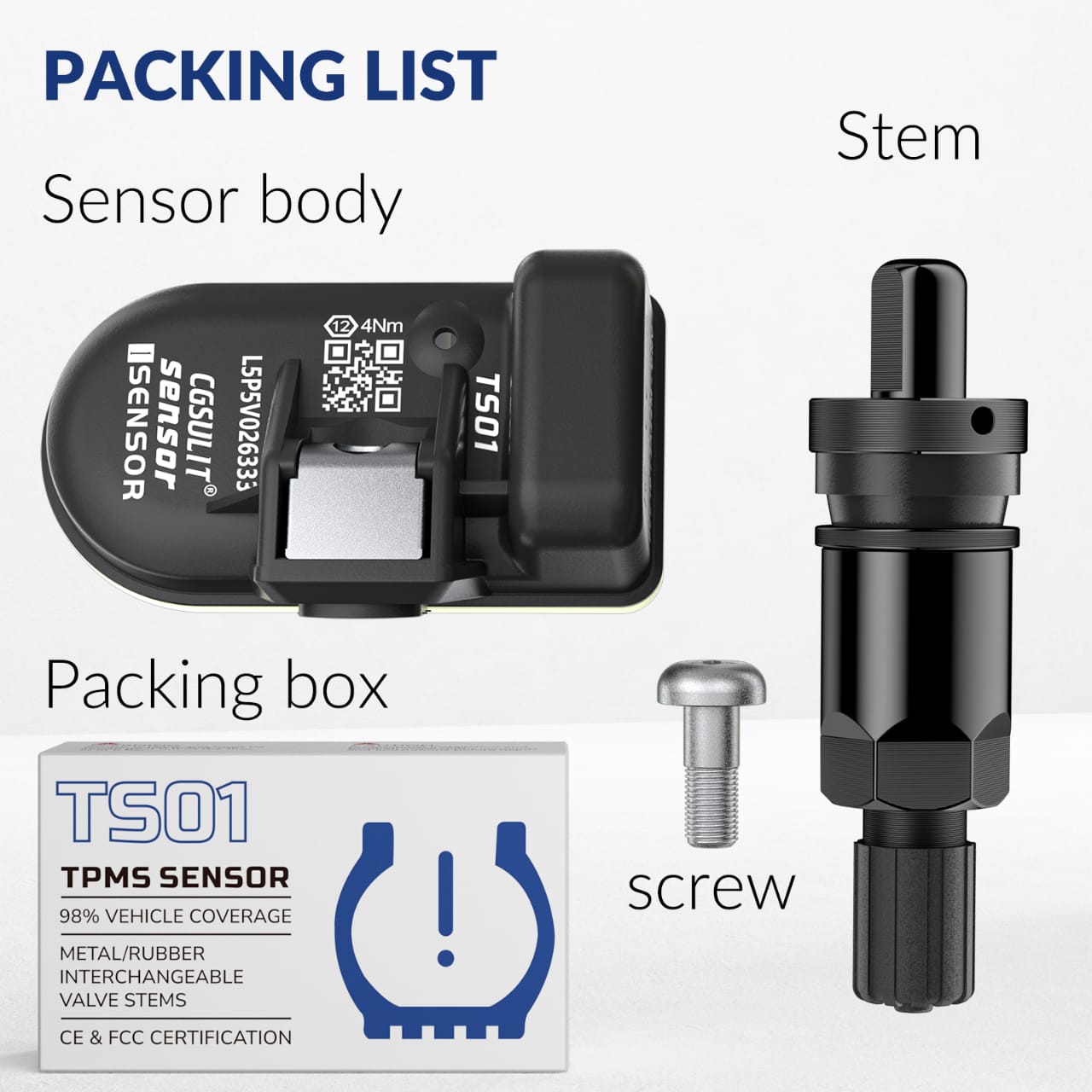 CGSULIT TS01 – Universal Programmable TPMS Sensor – 315/433 MHz – Cloneable – Metal Silver & Rubber Valve – 98% Vehicle Coverage