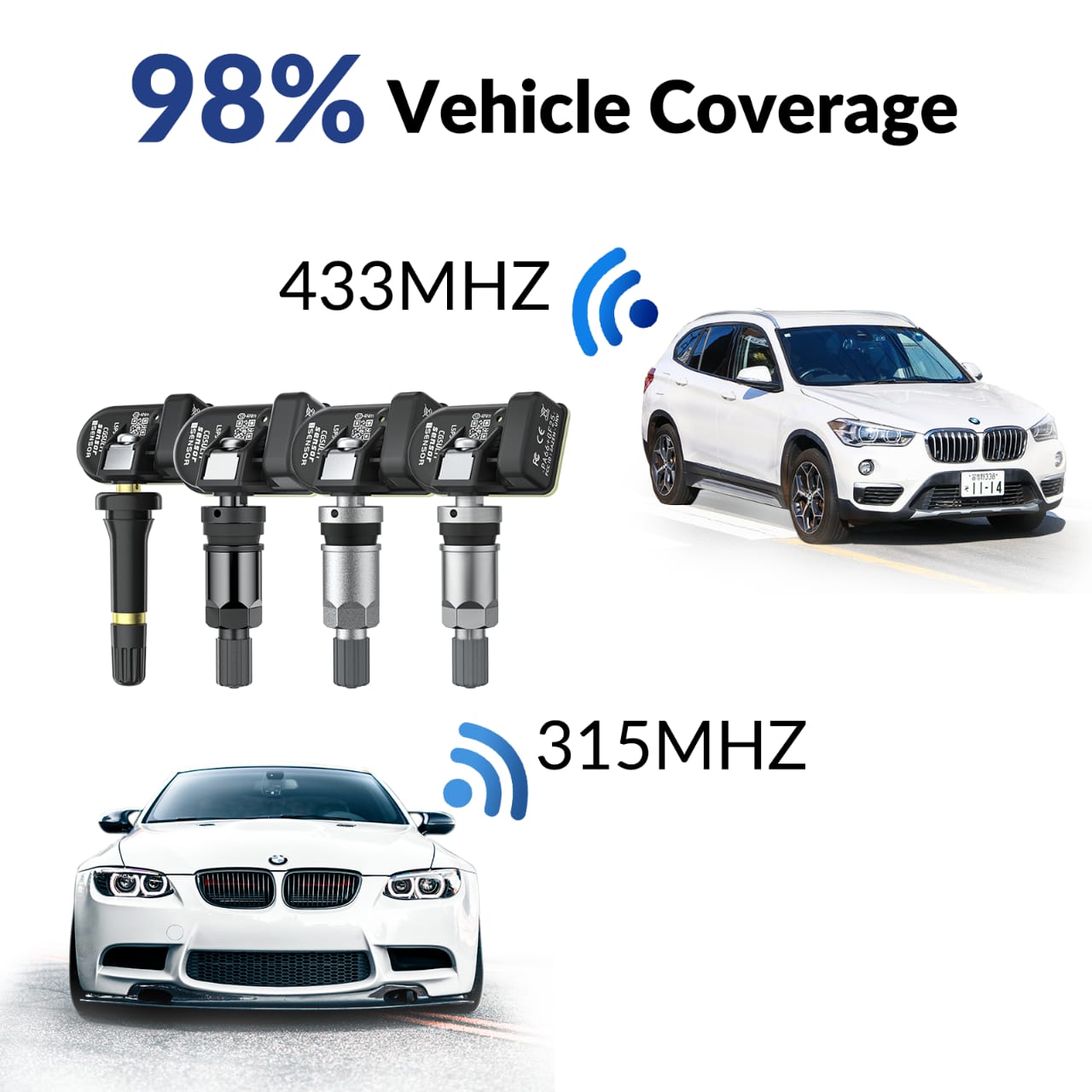 CGSULIT TS01 – Universal Programmable TPMS Sensor – 315/433 MHz – Cloneable – Metal Silver & Rubber Valve – 98% Vehicle Coverage