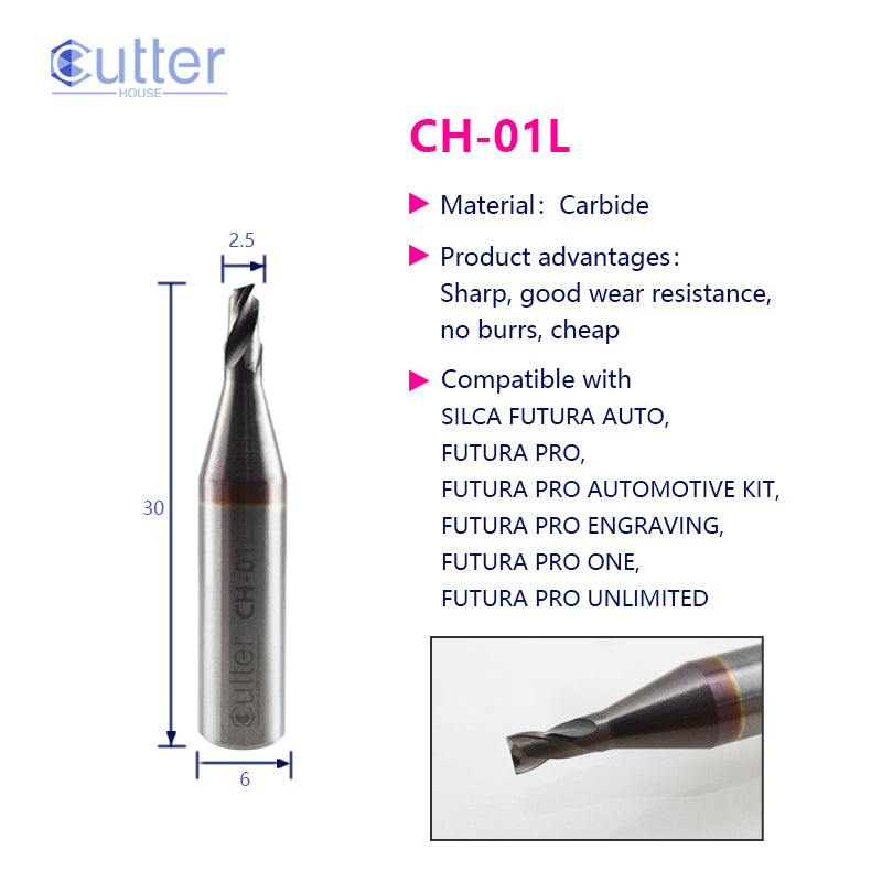 CH-01L Cutter by Cutter House – High-speed steel laser cutter for Silca Futura key machines. 2.5mm end mill. Ref: 01L, D742606ZB, BJ0958XXXX.