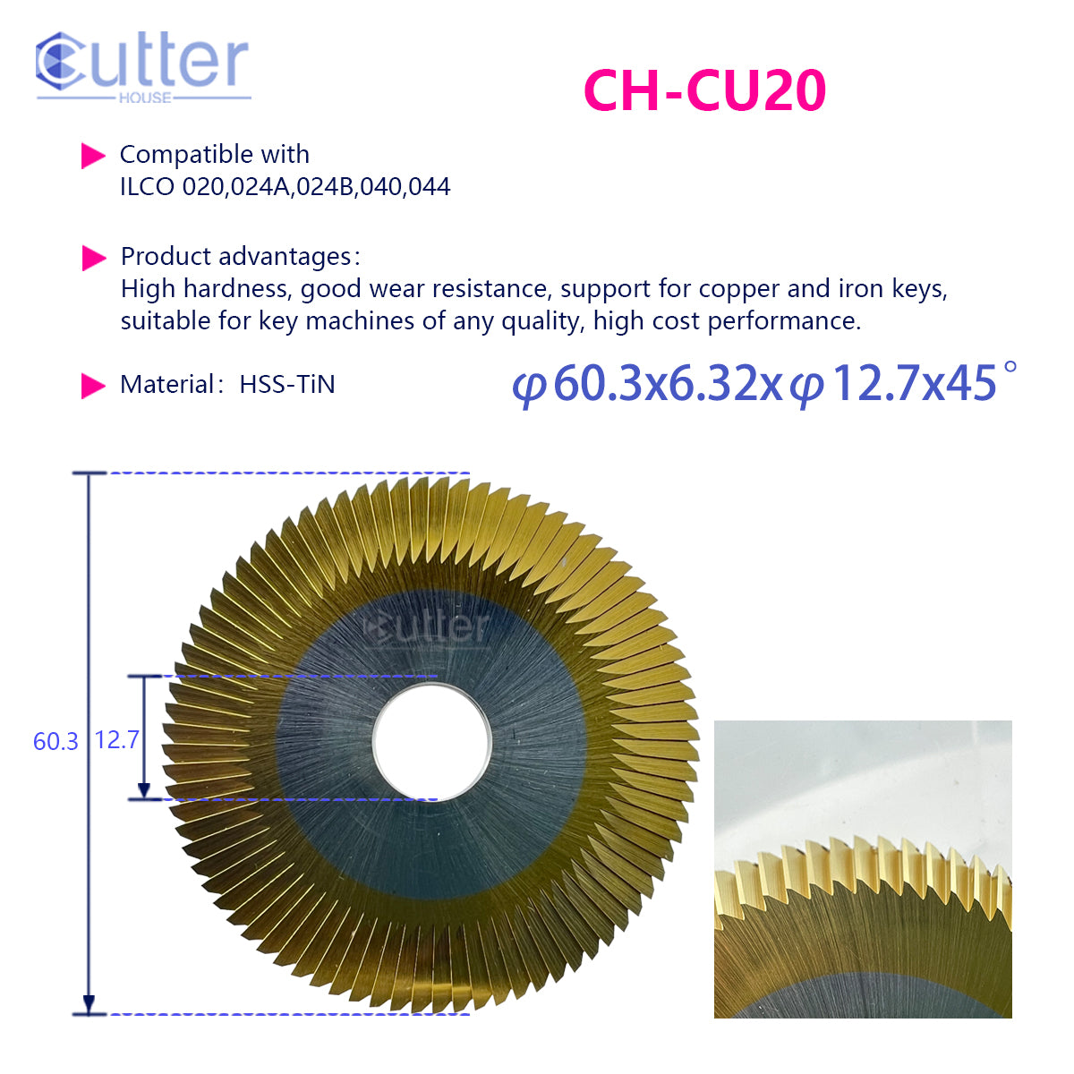 Cutter House CU20 HSS-TiN Coated Milling-Type Cutting Wheel Fits Curtis & ILCO Key Cutting Machines