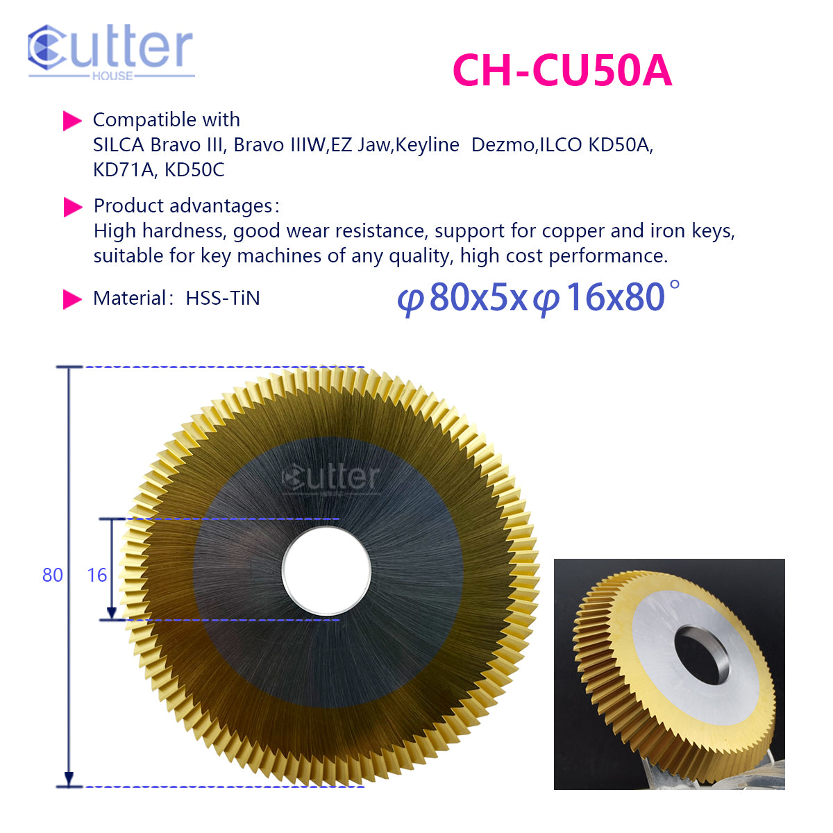 Cutter House CU50 HSS-TiN Coated Cutting Wheel / Blade For ILCO, Orion, and Silca Key Cutting Machines