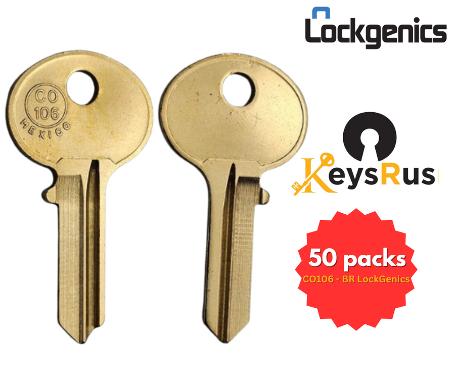 CO106-BR LockGenics brass cabinet and furniture key blanks, 50 pack
