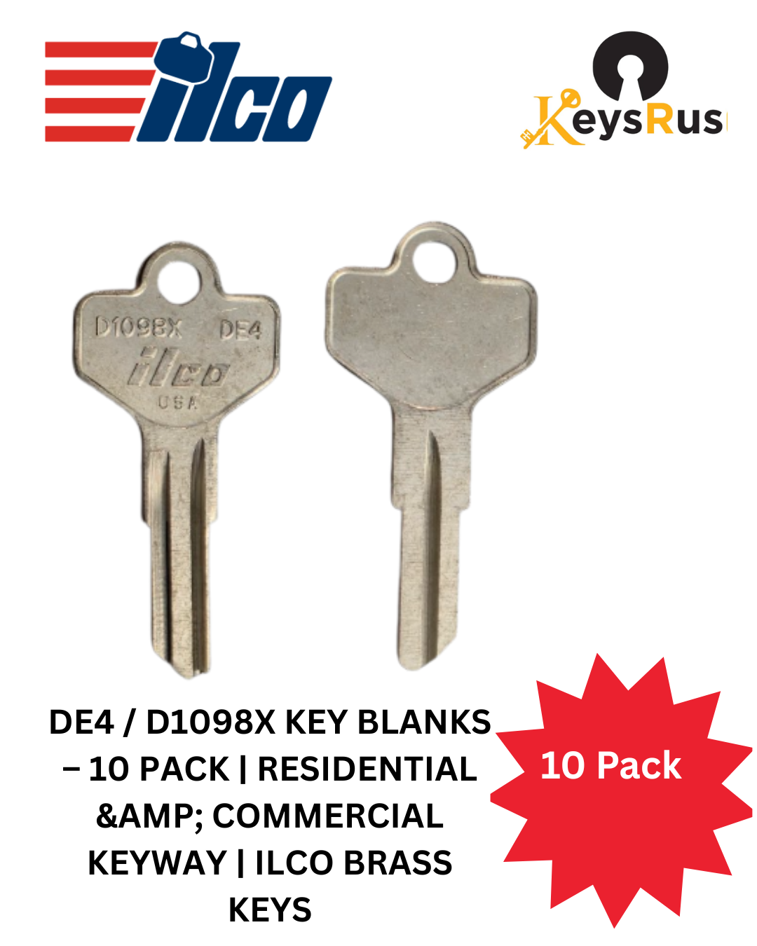 DE4 / D1098X Key Blanks – 10 Pack | Residential &amp; Commercial Keyway | ILCO Brass Keys