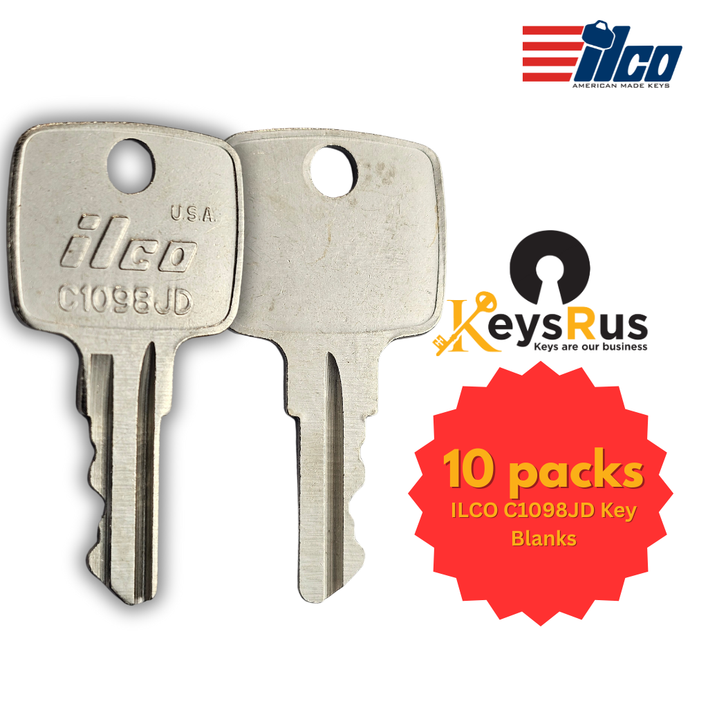 ILCO C1098JD Key Blanks – 10 Pack | For John Deere, Multiquip, Indak Equipment | JD1481 Stamped Key | Nickel-Plated Brass