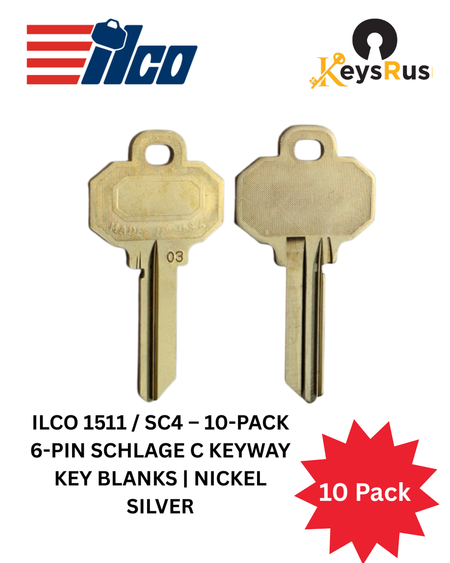 Ilco 1511 / SC4, 10-Pack 6-Pin Schlage C Keyway Key Blanks, Nickel Silver, Compatible with Baldwin & Schlage Locks