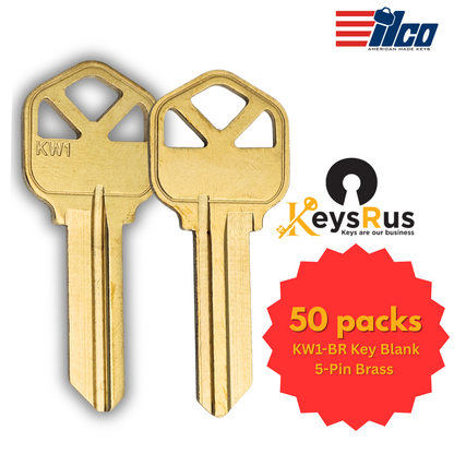 KW1-BR Key Blanks – 50-Pack Brass | 5-Pin Uncut Blanks for Kwikset Locks – Genuine ILCO Taylor 1176