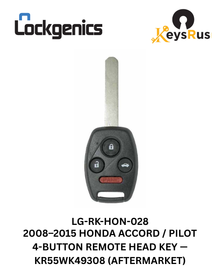 2008-2015 Honda Accord Pilot / 4-Button Remote Head Key / FCC ID: KR55WK49308 (Aftermarket)