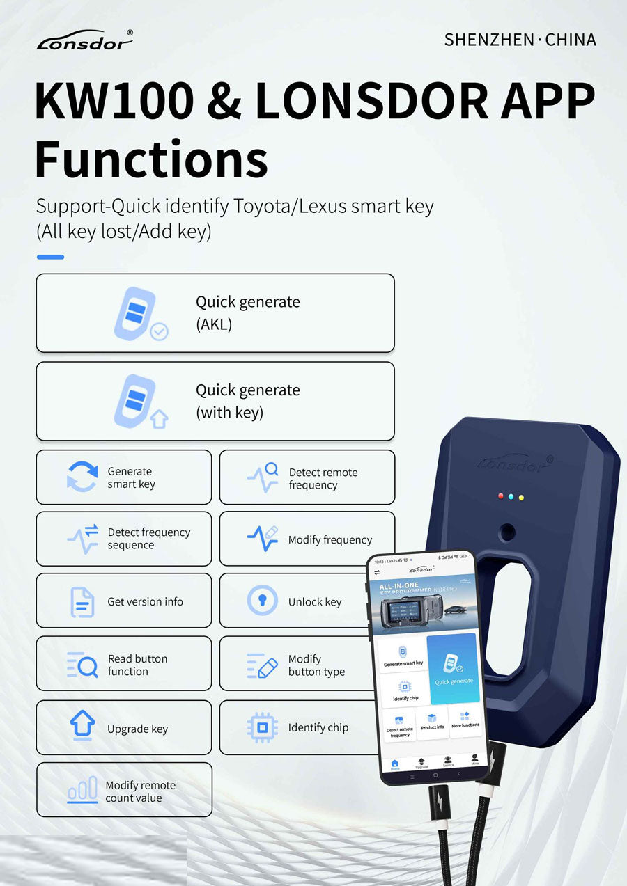 Lonsdor KW100-S – LT20 Smart Key Bluetooth Programmer for Toyota & Lexus (All-Keys-Lost & Add Key Use) with two LT20 Boards