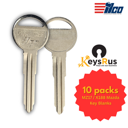 MZ17 / X188 Mazda Key Blanks – 10 Pack | For 323, Miata, MX-5, Protege | ILCO Style | Uncut Mechanical Keys