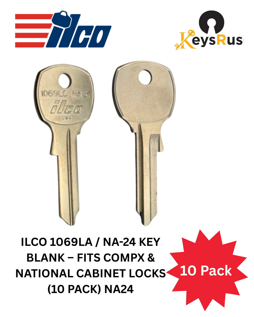 ILCO 1069LA / NA-24 Key Blank – Fits CompX & National Cabinet Locks (10 Pack) NA24