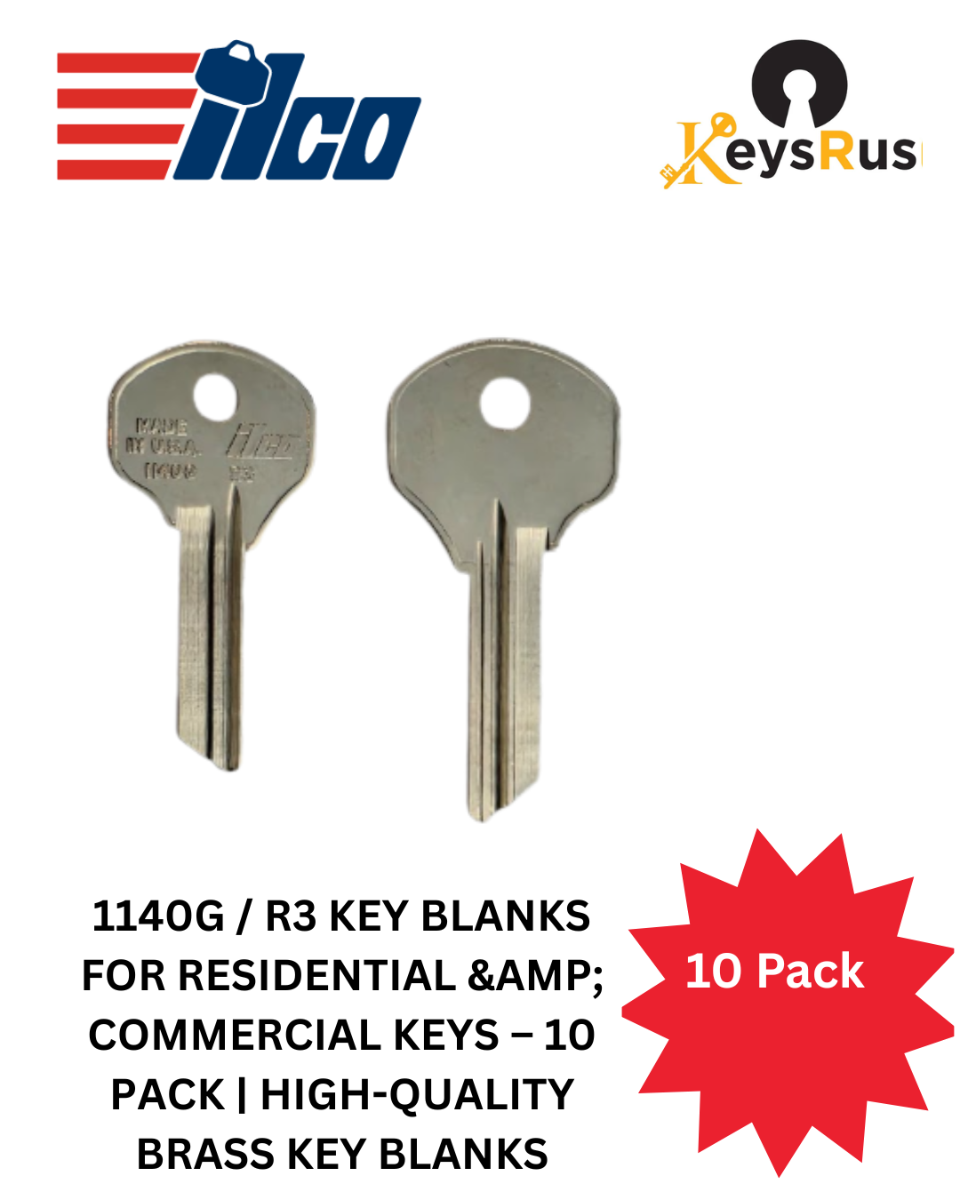 1140G / R3 Key Blanks for Residential &amp; Commercial Keys – 10 Pack | High-Quality Brass Key Blanks
