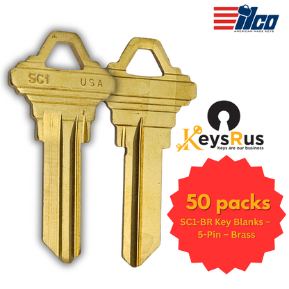 SC1-BR Key Blanks – 5-Pin – Brass – 50 Pack – Uncut for Schlage Locks (Taylor Brand)