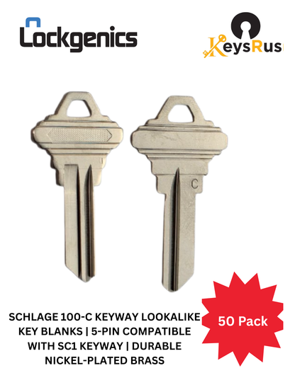 SCHLAGE 100-C Keyway Lookalike Key Blanks – 50 Pack | 5-Pin Compatible with SC1 Keyway | Durable Nickel-Plated Brass