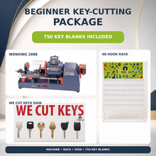 Beginner key-cutting package with Wenxing 288E, 750 key blanks, Keys R Us 68-hook rack and We Cut Keys sign