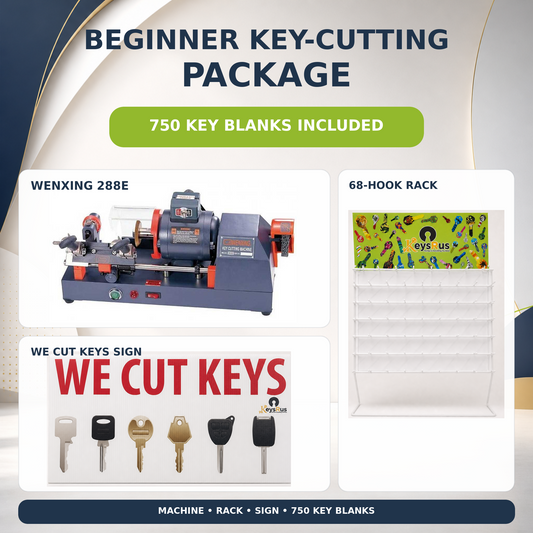 Beginner key-cutting package with Wenxing 288E, 750 key blanks, Keys R Us 68-hook rack and We Cut Keys sign