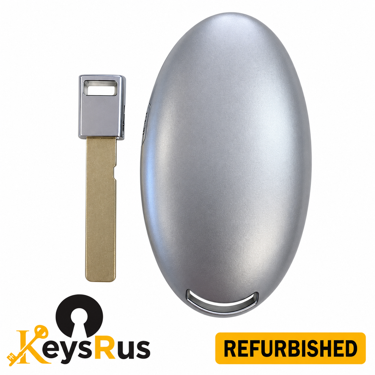 KeysRUs 95440-BE510 Refab smart key, silver aftermarket shell rear view and uncut emergency blade