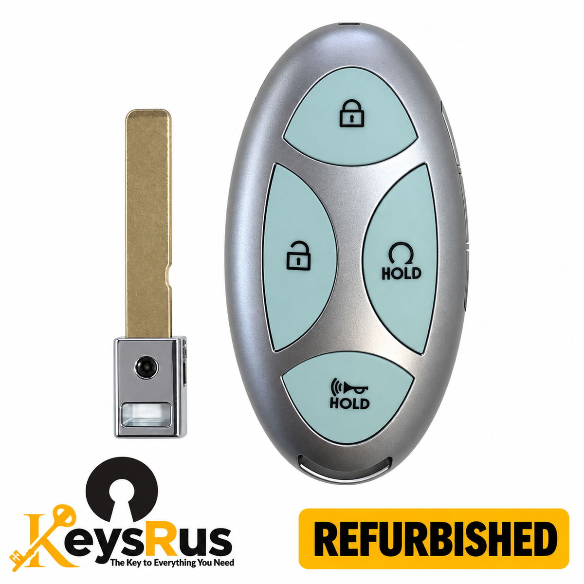 KeysRUs refurbished Hyundai Kona Electric 95440-BF200 seven-button smart key, pale blue front buttons and uncut emergency blade