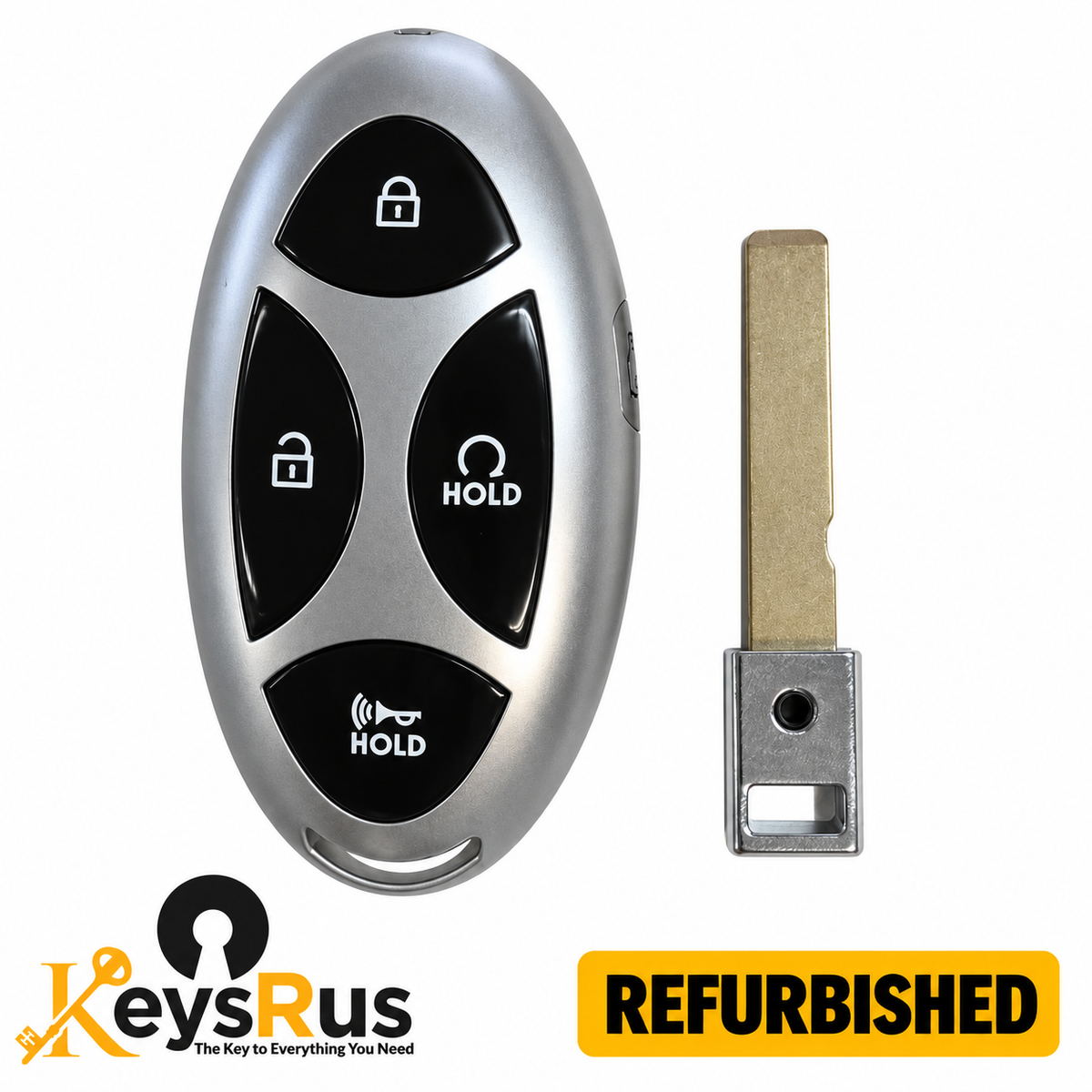 KeysRUs refurbished Hyundai Santa Fe 95440-P6040 five-button smart key, silver housing with black front buttons and separate uncut emergency blade