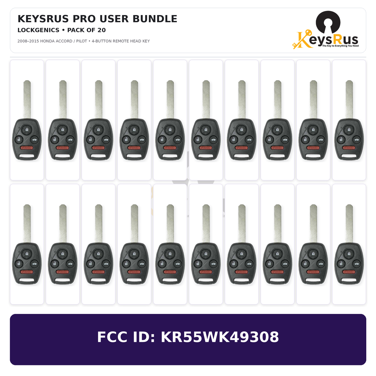 Keysrus Pro User Bundle pack of 20 LockGenics aftermarket 2008–2015 Honda Accord Pilot 4-button remote head keys, FCC ID KR55WK49308