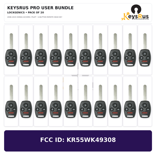 Keysrus Pro User Bundle pack of 20 LockGenics aftermarket 2008–2015 Honda Accord Pilot 4-button remote head keys, FCC ID KR55WK49308