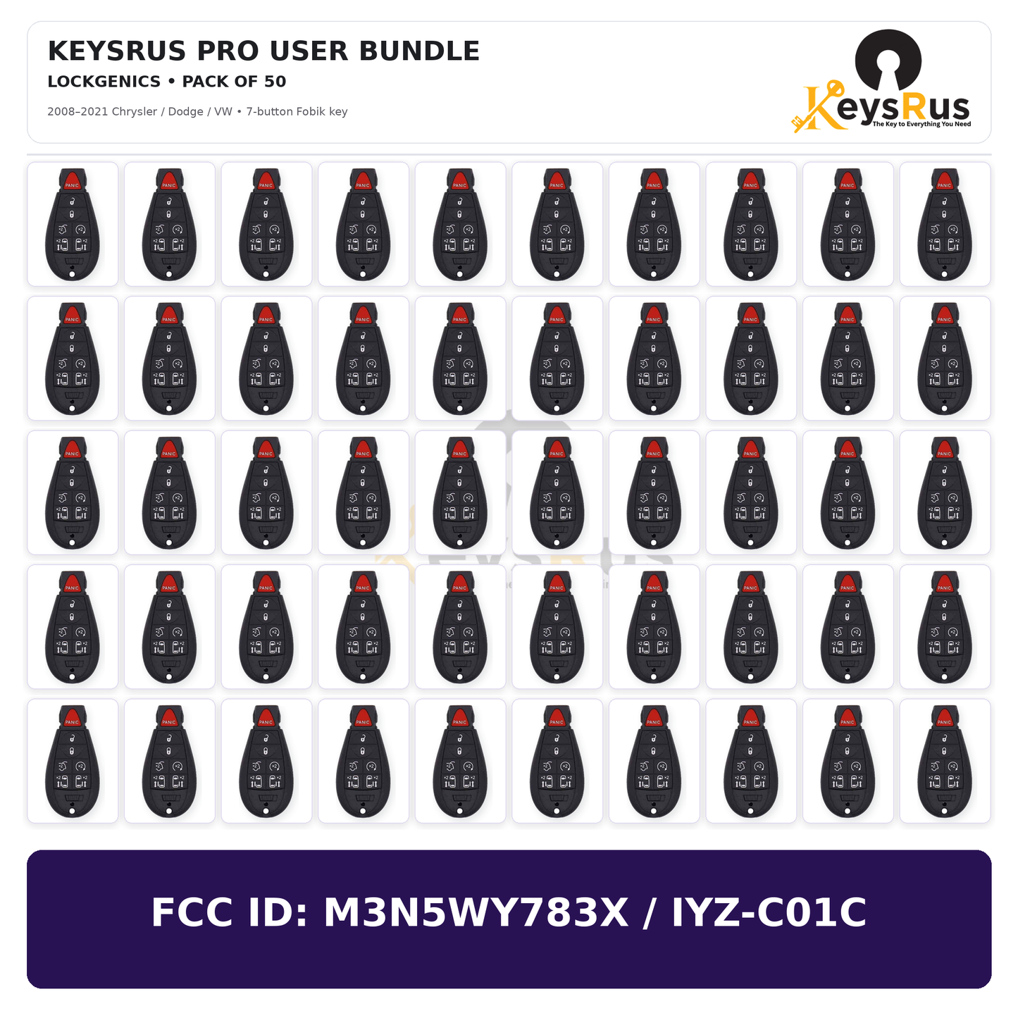 Keysrus Pro User Bundle pack of 50 LockGenics aftermarket 2008–2021 Chrysler Dodge VW 7-button Fobik keys, FCC ID M3N5WY783X / IYZ-C01C