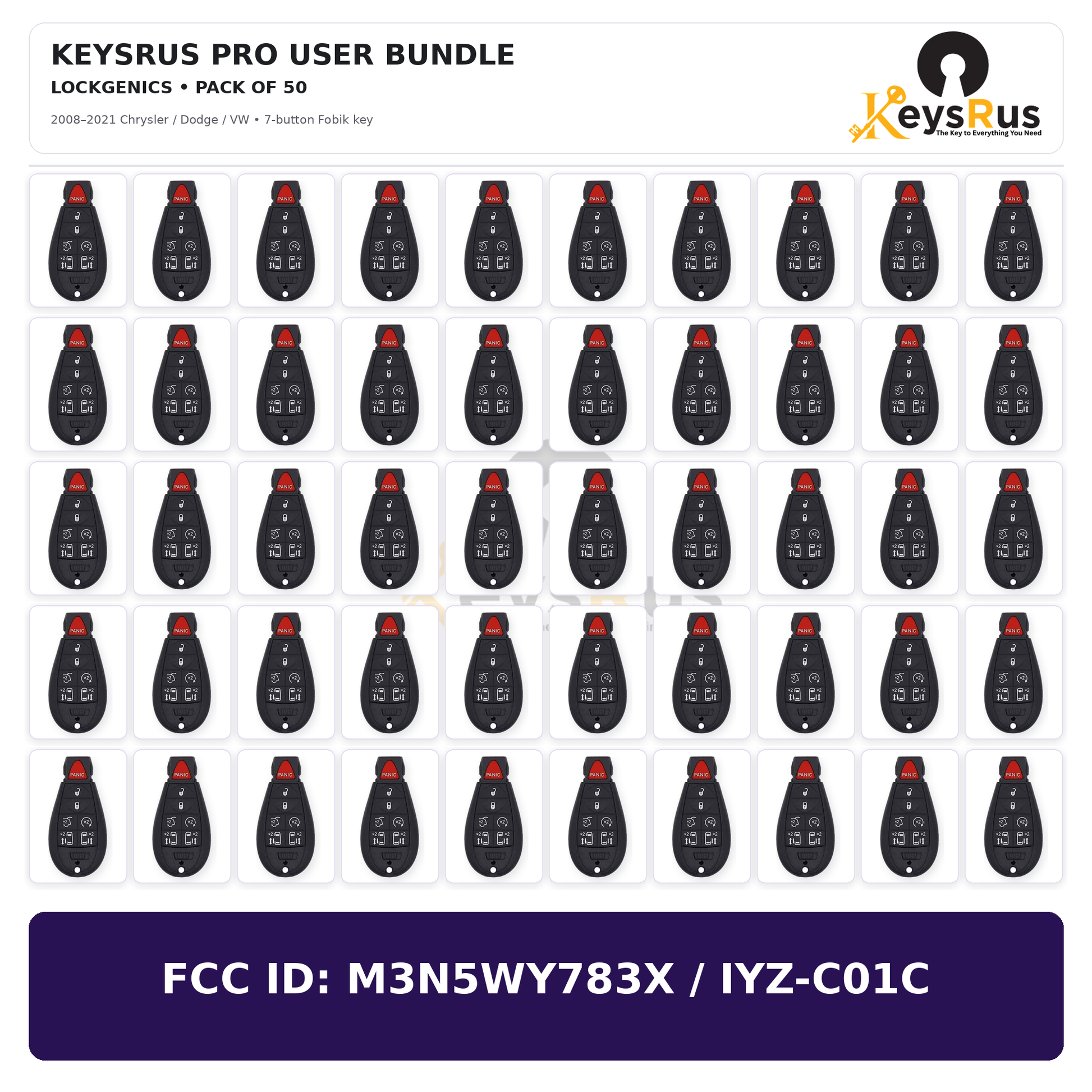Keysrus Pro User Bundle pack of 50 LockGenics aftermarket 2008–2021 Chrysler Dodge VW 7-button Fobik keys, FCC ID M3N5WY783X / IYZ-C01C