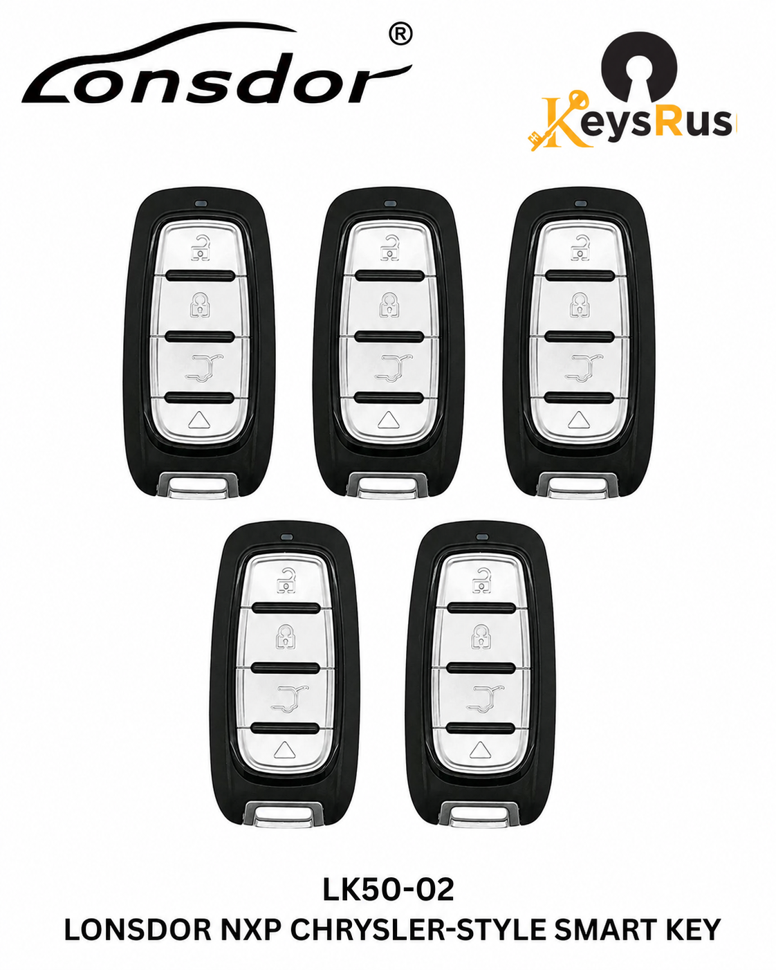 Five Lonsdor LK50-02 Chrysler-style NXP universal smart keys
