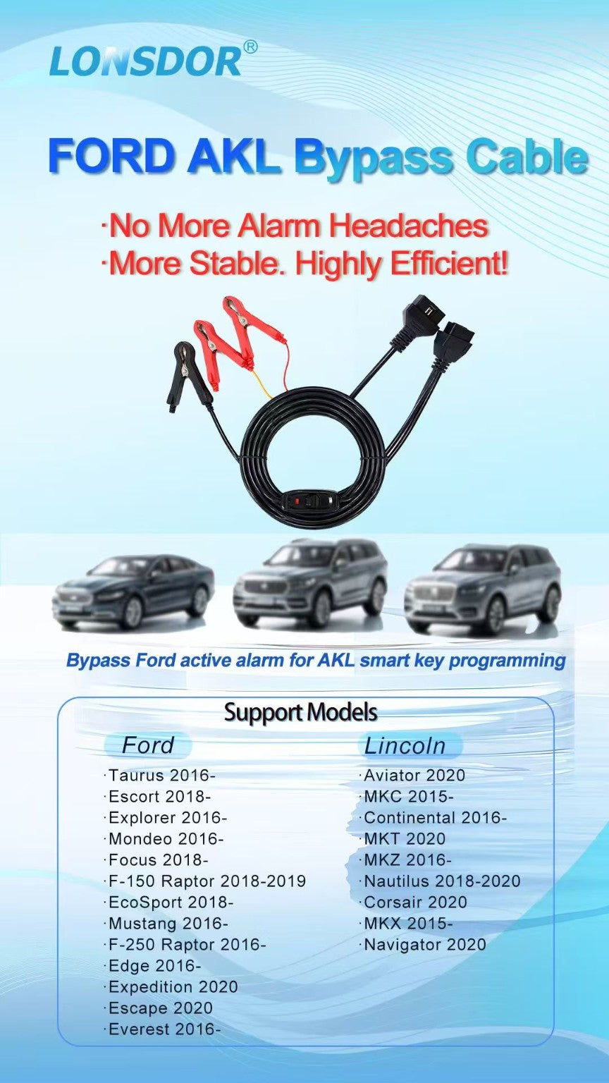 Lonsdor Ford AKL bypass cable supported Ford and Lincoln models