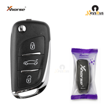 Xhorse XEDS01EN 3-button flip key with purple packaging, enlarged product view