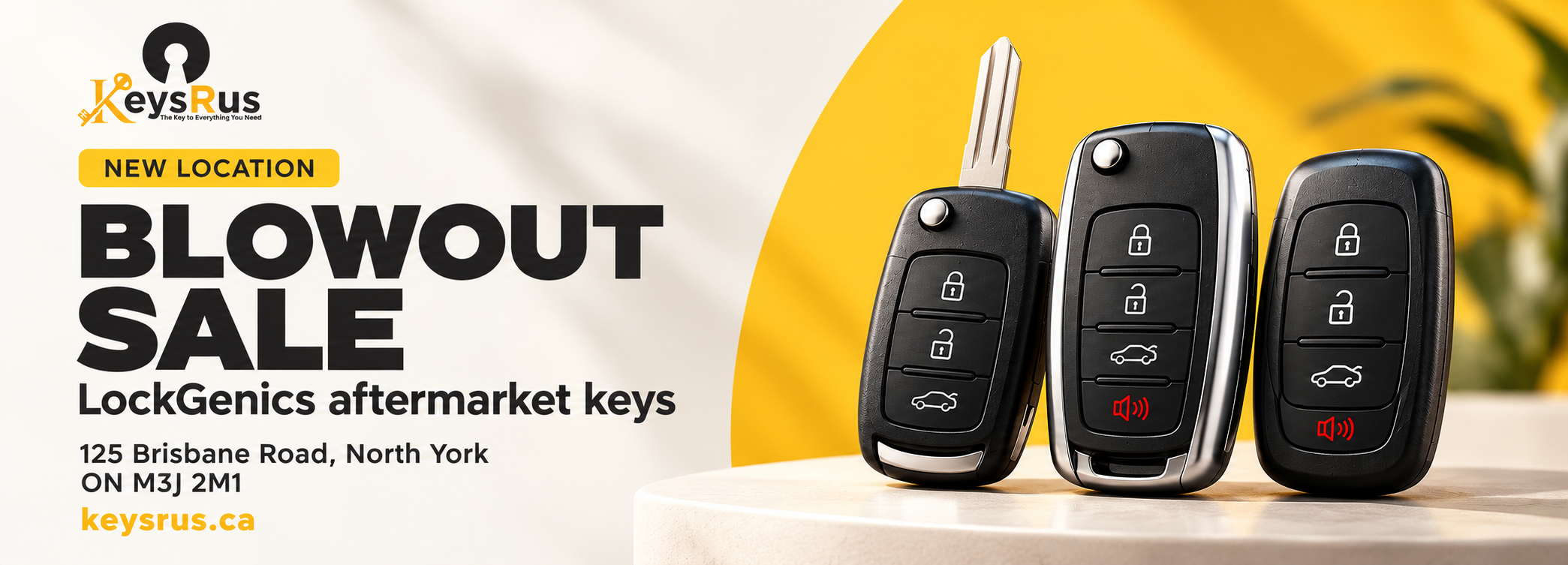 KeysRus new-location blowout sale. LockGenics aftermarket keys. 125 Brisbane Road, North York, ON M3J 2M1. keysrus.ca.